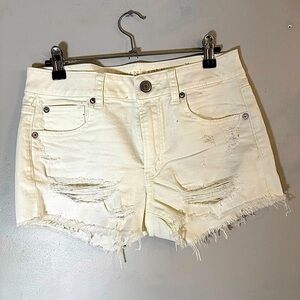American Eagle Hi Rise Shortie White Distressed Shorts Raw Hem